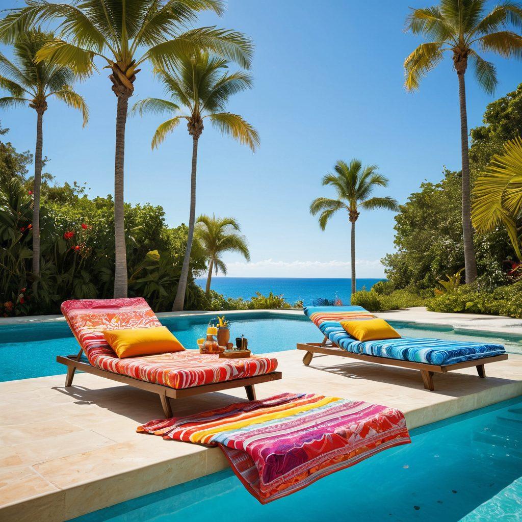 A vibrant summer scene featuring a lively poolside with stylish sun loungers adorned with colorful beach towels. Showcase a variety of trendy beachwear laid out, including bikinis, swimsuits, and cover-ups, alongside chic accessories like sunglasses, hats, and beach bags. Include palm trees swaying in the background under a clear blue sky, capturing the essence of summer fun and fashion. super-realistic. vibrant colors. bright sunlight.