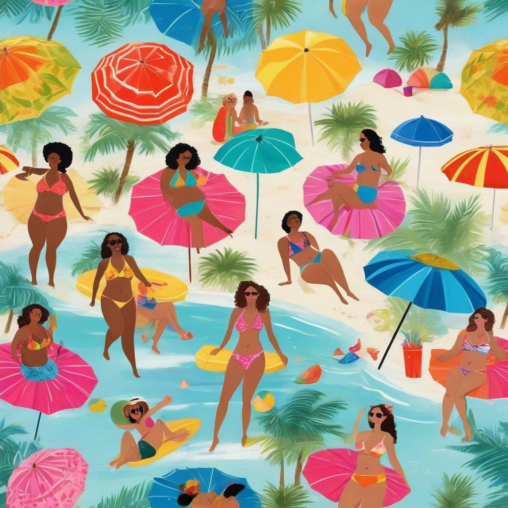 A lively beach scene showcasing diverse women of all body types confidently wearing the latest bikini styles, surrounded by colorful beach umbrellas and sunbathing towels. Include bright summer elements like beach balls, sunglasses, and palm trees under a clear blue sky. Capture the essence of fun and body positivity, emphasizing vibrant colors and joyful expressions. whimsical illustration. vibrant colors. summer vibe.